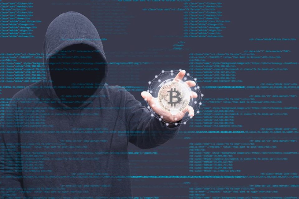 Hacker holding bitcoin coin and futuristic interface