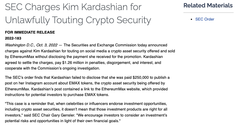 SEC, Kim Kardashian'ı Yasa Dışı Kripto Reklamı ile Suçladı