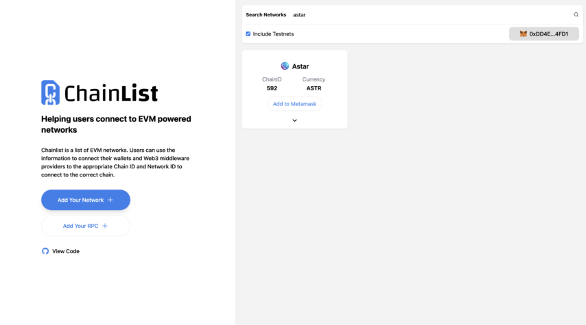 metamask astar network ekleme chainlist