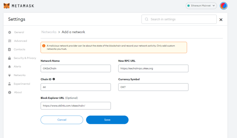 Okex Chaini OKC MetaMaske ekleme