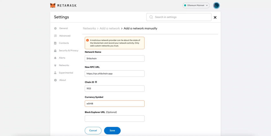 shibachain to metamask